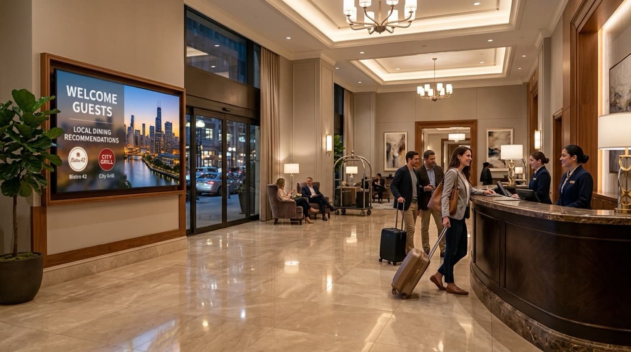 Hotel lobby with travelers