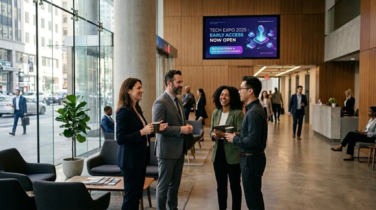 Modern office lobby with professionals and a wall-mounted digital display showing event content