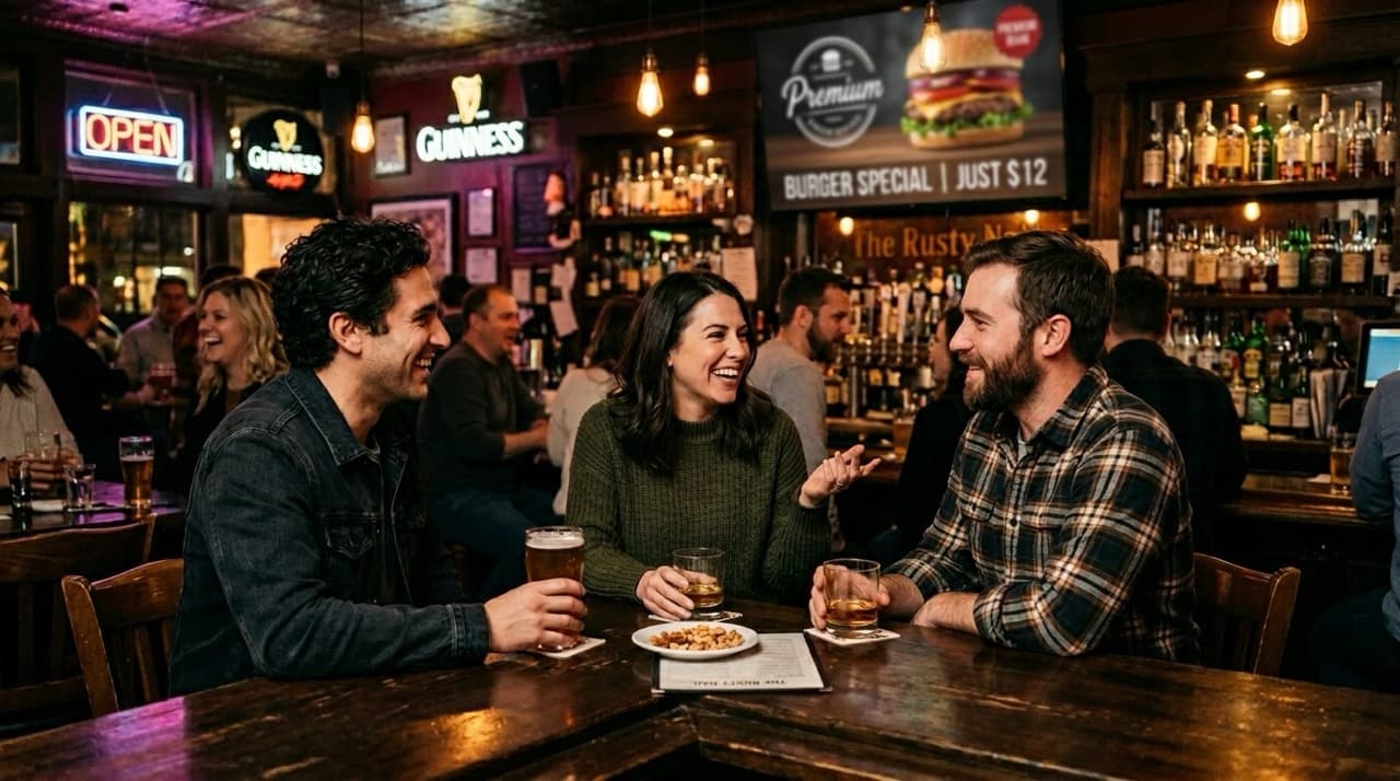 Social venue with screens displaying event content