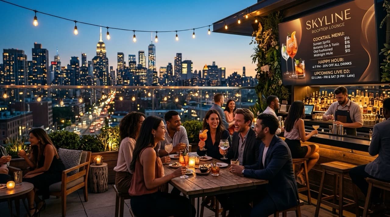 Rooftop lounge with guests